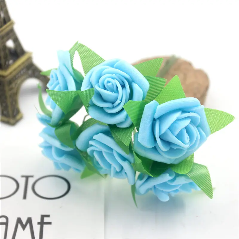 6 шт./лот, искусственные шелковые розы, ПЭ пена, Мини искусственные шелковые цветы, свадебный букет, декоративные цветы и гирлянды - Цвет: sky blue