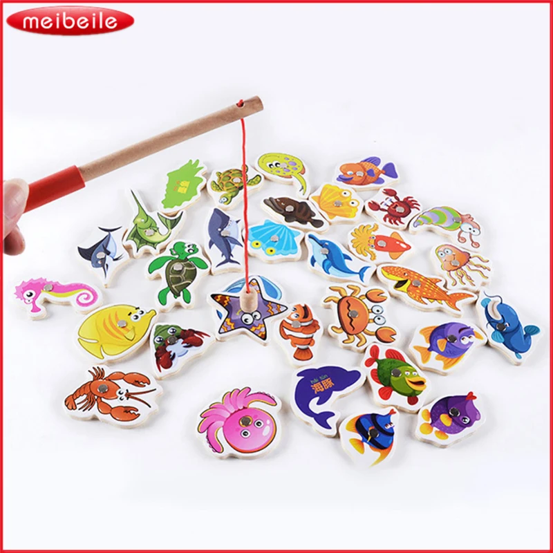 Wooden Fishing Toys Set Fish And Fishing Rod Kids Practising Toy