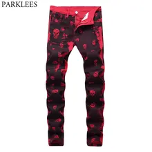 Ночной клуб зауженные джинсы Для мужчин красного цвета с принтом «череп», в стиле панк джинсы Мужская хип-хоп, в уличном стиле обтягивающие джинсы джинсовые штаны Spijkerbroek Mannen