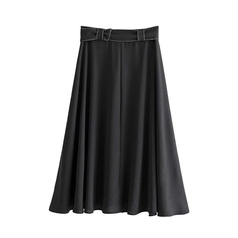 women elegant solid midi skirt bow tie sashes pockets buttons pleated casual A line mid calf skirts faldas Wonder Store