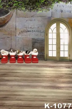 

5x7FT Backgrounds Door Wood Floor Photo Studio Photograph Backdrops Red Boots With Dogs Babies Kid Christmas Gift Photo Backdrop