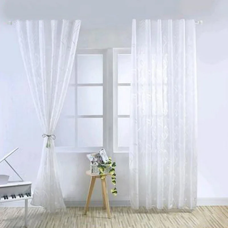 

White Tulle Lace Curtain Modern Polyester Fabric Leaf Window Semi-shading Curtains Living Room Bedroom Kitchen Curtain 100*200cm