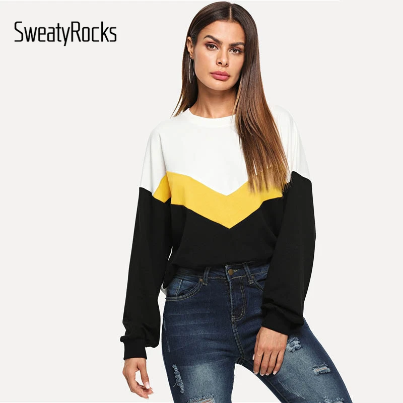 SweatyRocks Athleisure Cut And Sew цветной пуловер с длинным рукавом Топы Новая Осенняя женская одежда повседневные толстовки