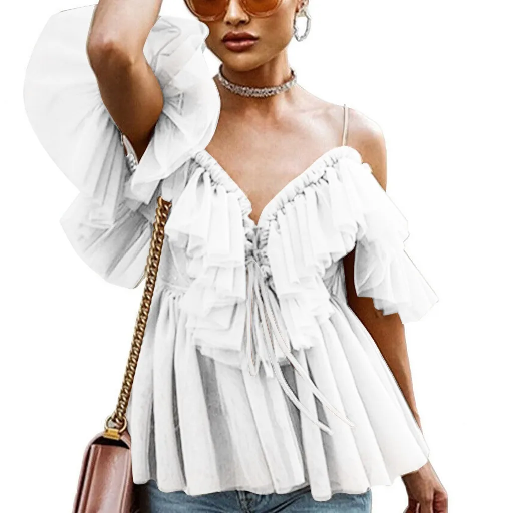 

Harajuku Shirt Women V Neck Tops Ruffle Sexy Ladies Off Shoulder Shirts Vintage Streetwear Funny t shirts top femme