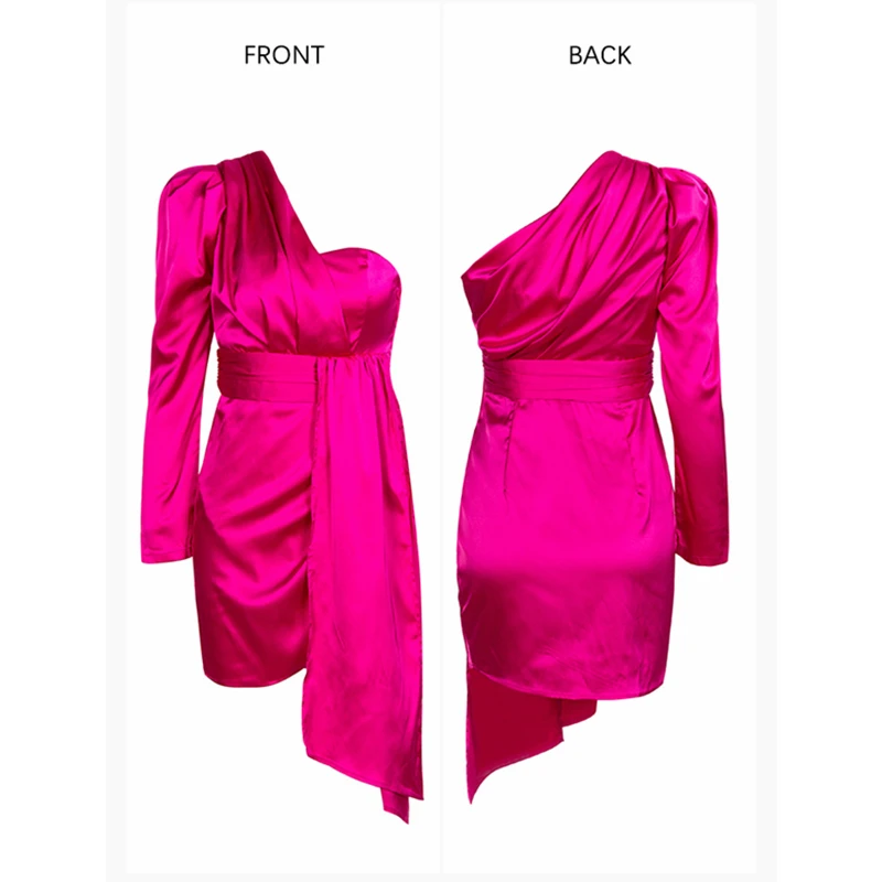 

Summer Bodycon Dress 2019 Hot Pink One-Shoulder Puff Sleeve Ribbon Decoration Party Dress Fuchsia Long Sleeve Sexy Club Dresses