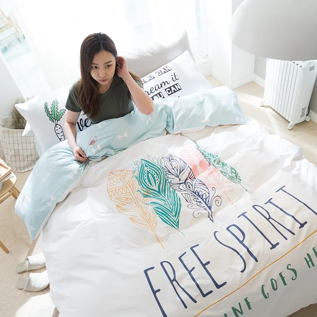 100 Cotton White Duvet Cover Set Twin Queen Size Bedding For 100 Cotton White Duvet Cover Set Twin Queen Size Bedding For Children Feather Print Blue Bed Sheets Pillow Case