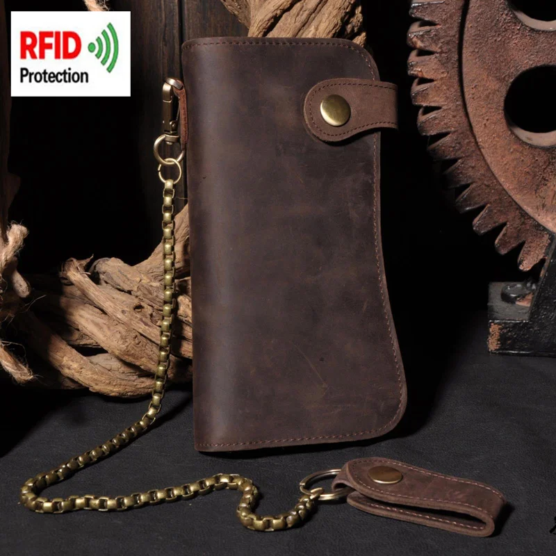 

Men's Long Wallet Chain RFID Vintage Male Money Bags Genuine Leather Crazy Horse Anti-theft Cash Coin Card Holder Purse for Man