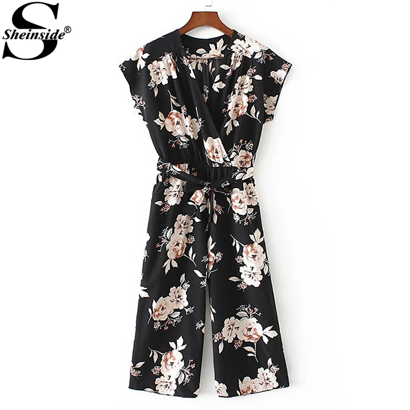

Sheinside Casual V-Neck Floral Print Jumpsuit 2018 Spring Belt Wrap Loose Jumpsuit Women Short Sleeve Work OL Jumpsuit