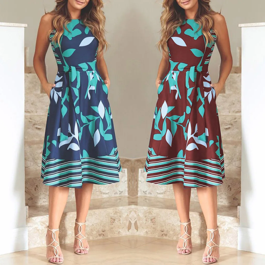 

Women's summer dresses Fashion Round Neck Sleeveless Print A Word Princess Dress With Belt large size women's dresses Casual