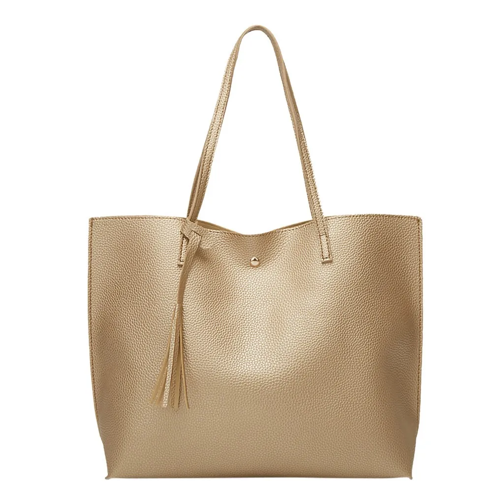 

Women's Tote Fringe Solid Color Soft Leather Large Capacity Gold Shopping Package Shoulder Hand bag Handbag Bags сумка женская