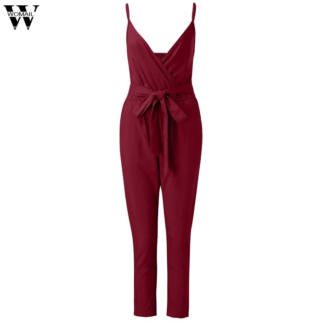 

Womail Fashion Women Loose Jumpsuits Linen V-Neck Casual Lace Up Solid Color Summer Sleeveless Jumpsuit For Ladies JUNE18