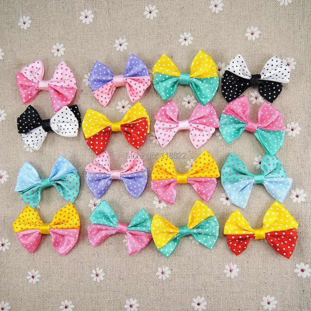 

Mixed Colors Baby Ribbon Bow Dot Printed Satin Ribbon Hairwear Handmade Bows Garment Hairpins Accessories 4*5cm 50pcs/pack