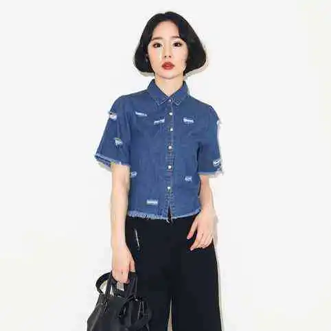 Women Tops Summer Style 2015 Korean Fashion Casual Ripped Hole Short Sleeve Blue Denim Shirt Jeans Top blusa feminina T38 |