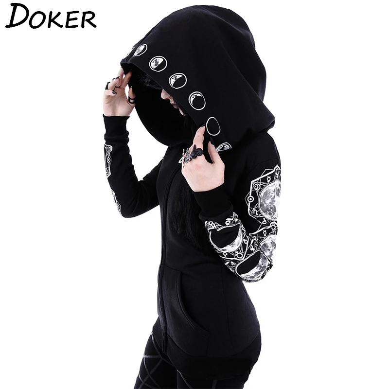 5XL القوطية الشرير المرأة طباعة طويلة الأكمام هوديس بلوزات عارضة جاكيت زيبرا مقنعين قمم الإناث الخريف الشتاء هوديس أسود.