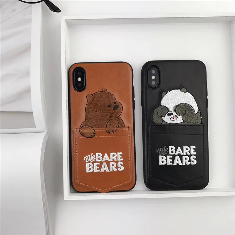 Новая Мультипликация очаровательный вышивка медведях карманом для карт чехол для телефона для iPhone X, 6 6s 7 8 Plus XR XS Max кожаный мягкий чехол Fundas