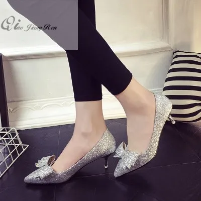 

Silver pointed high heels in thin heel slender with single shoe crystal Bridesmaid bride married shoe girl QIAOJINGREN