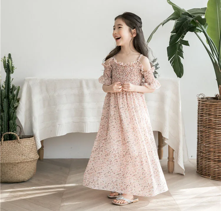 floral maxi long dress girl a line dress mother daughter clothes big girls dresses summer 2018 pink green beach holiday baby girls with sleeve teeange girls clothing (11)