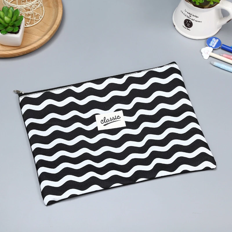 Vogvigo Black White Stripes Cosmetic Bag Pouch Women Canvas Organizer Case Cosmetic Pouch Makeup Bag Toiletry Beauty Bag