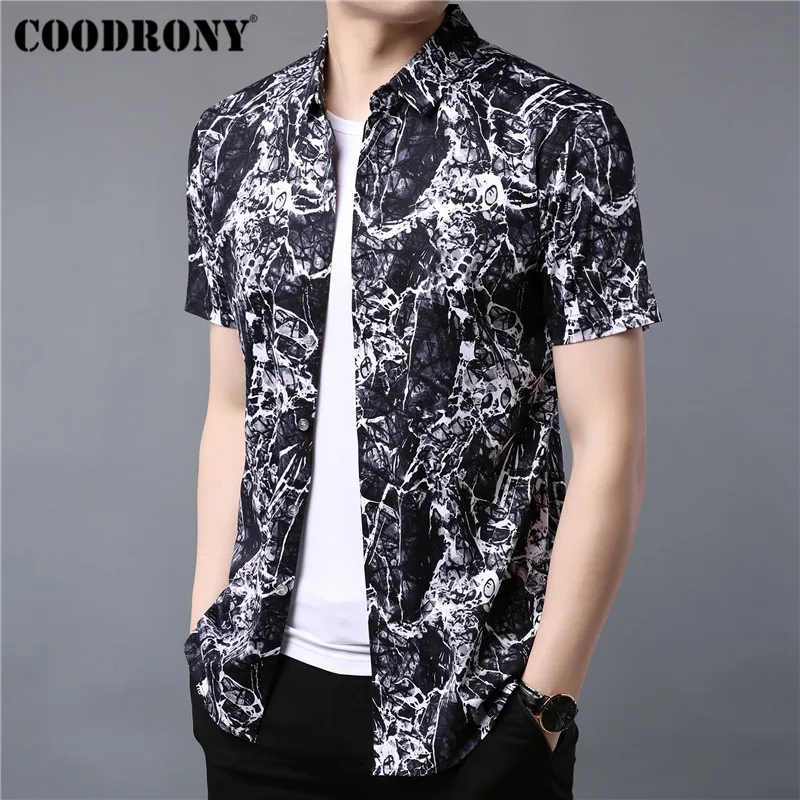 

COODRONY Ice Cool Hawaiian Shirt Men Summer Short Sleeve Men Shirt Cotton Streetwear Print Casual Shirts Camisa Masculina S96010