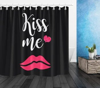 

LB White Letter & Red Lips Shower Curtain Black Bathroom Screens Eco-Friendly Waterproof Polyester Fabric for Girl Bathtub Decor