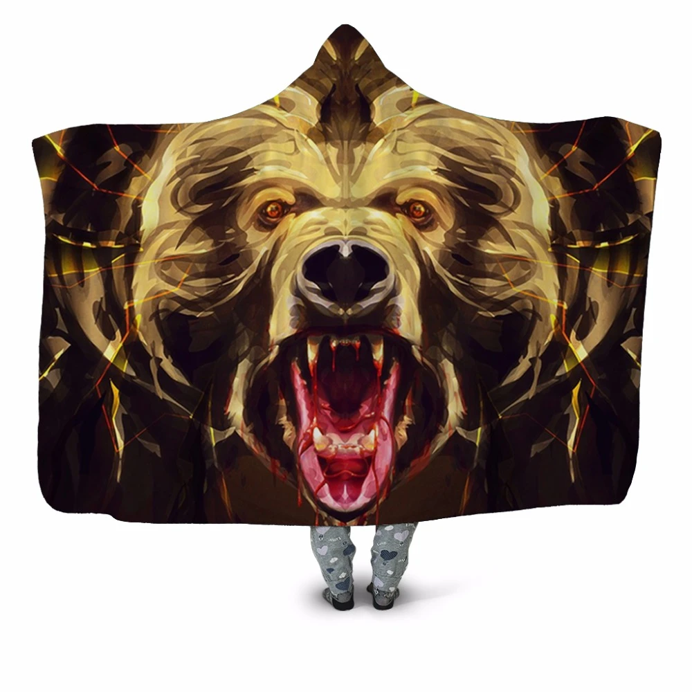 Angry Bear 3d Printed Plush Hooded Blanket For Adults Children Youth Warm Wearable Fleece Throw Blanket Home Office Washable New Blankets Aliexpress