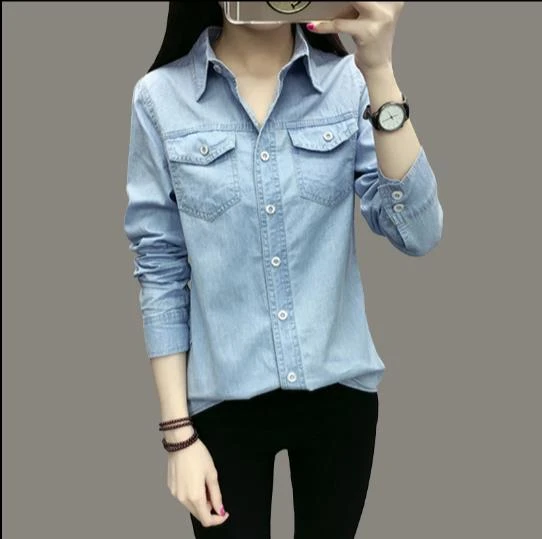 Camisa vaquera para mujer, camisa de manga larga, blusa vaquera para Camisa vaquera clásica, Tops ajustados de algodón ropa para E45|Blusas y camisas| - AliExpress