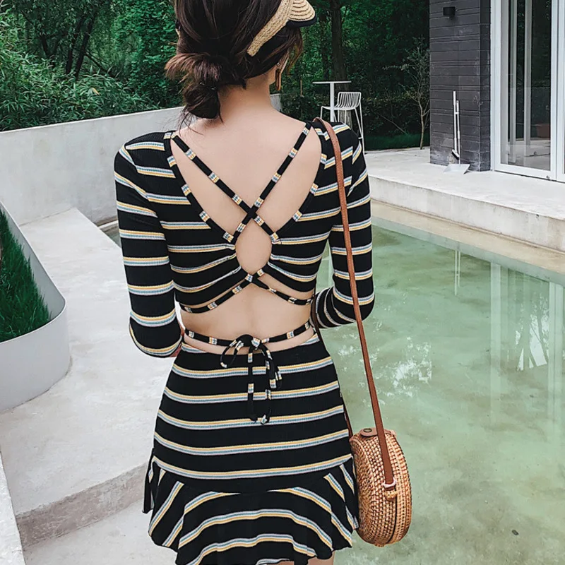 

Women's Swimsuit Separate Female Bikini Swimsuits Woman 2019 Swimwear Women New Stripe Shows Long Sleeve Leaf Buttock Skirt