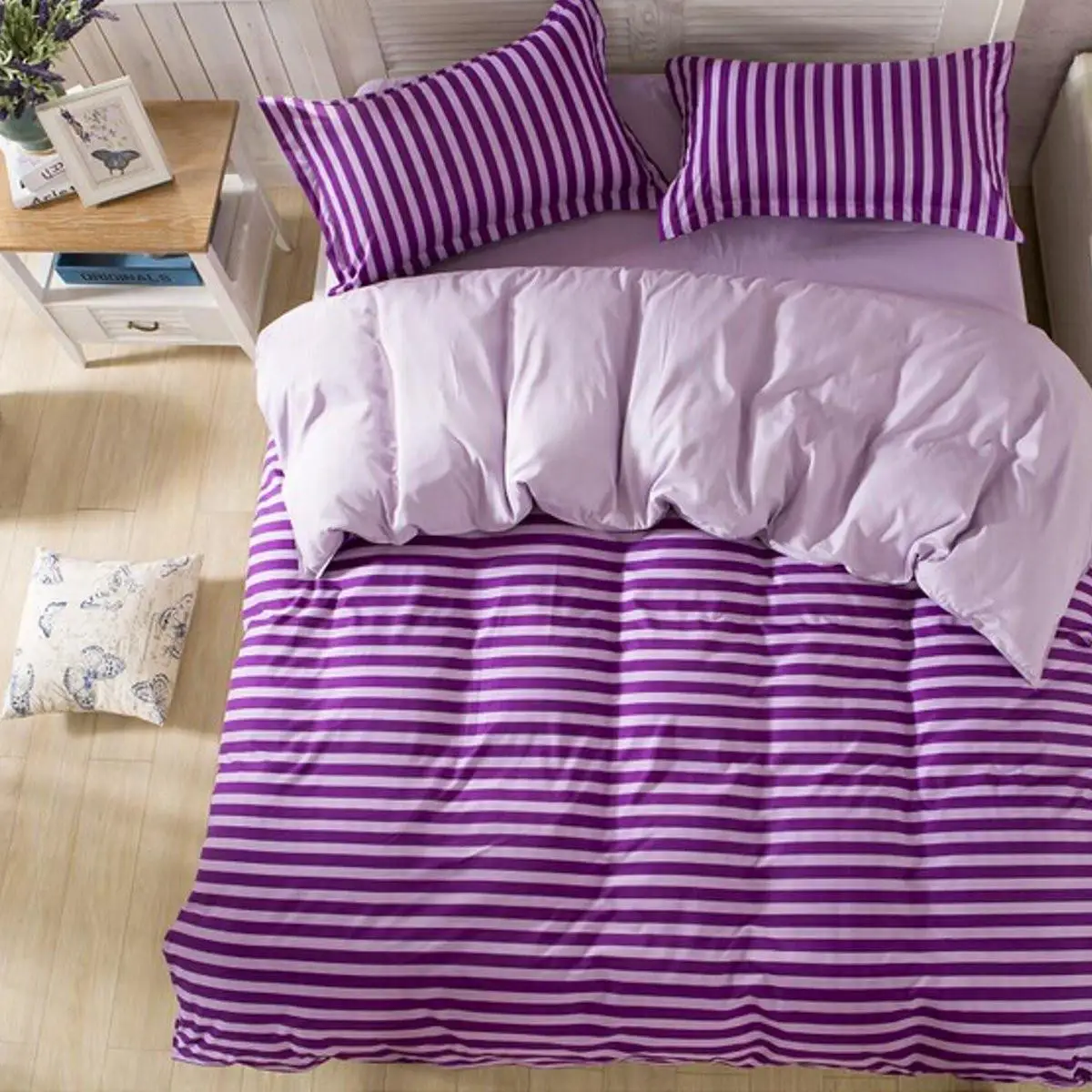 Single Double King Size Purple Stripe Printed Bedding Sets Polyester Pillowcases Quilt Duvet Cover Bed Sheet