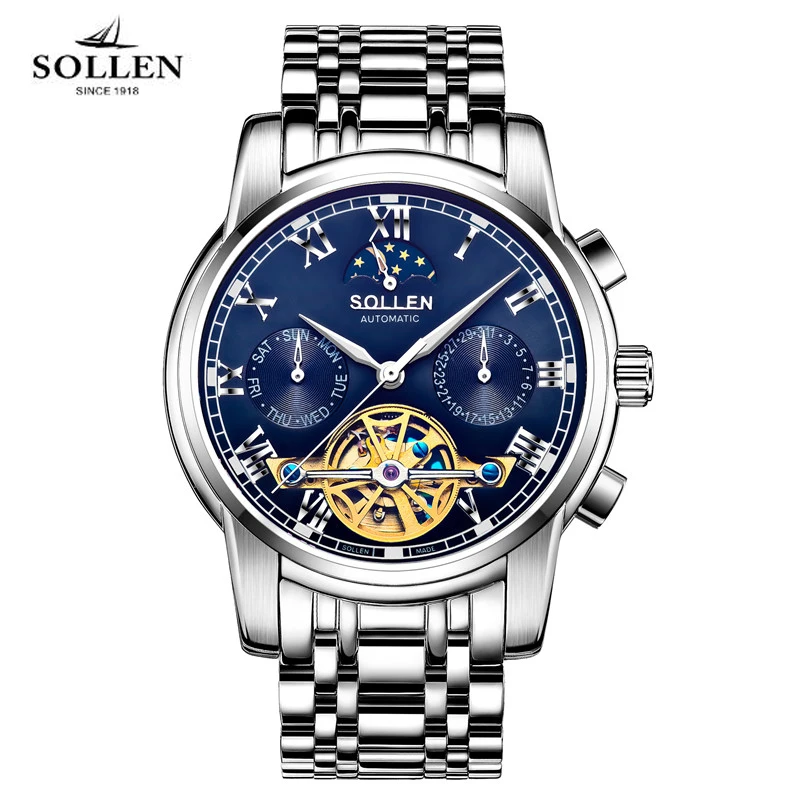 Men Watch SOLLEN Brand Luxury Tourbillon Automatic Mechanical Watches Multifunction clock Full Stainless Steel Montre Homme 804 Men Watch SOLLEN Brand Luxury Tourbillon Automatic Mechanical Watches Multifunction clock Full Stainless Steel Montre Homme 804
