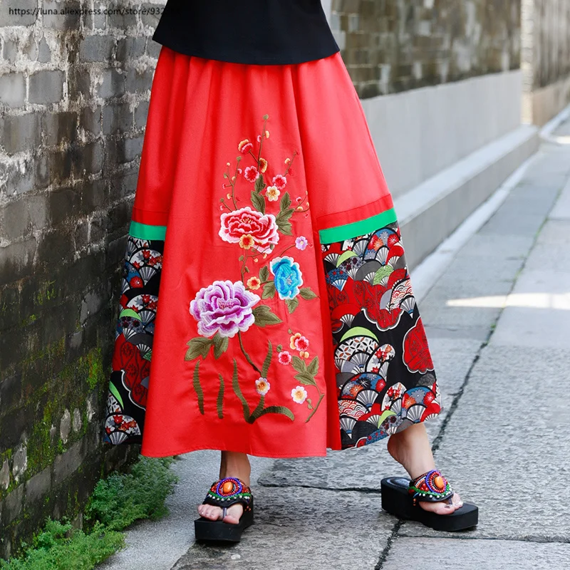 

Retro boho Embroidery Big Hem Long Skirts Women Spring Summer Cotton Linen Dance Skirt jupe longue 2019 faldas mujer primavera