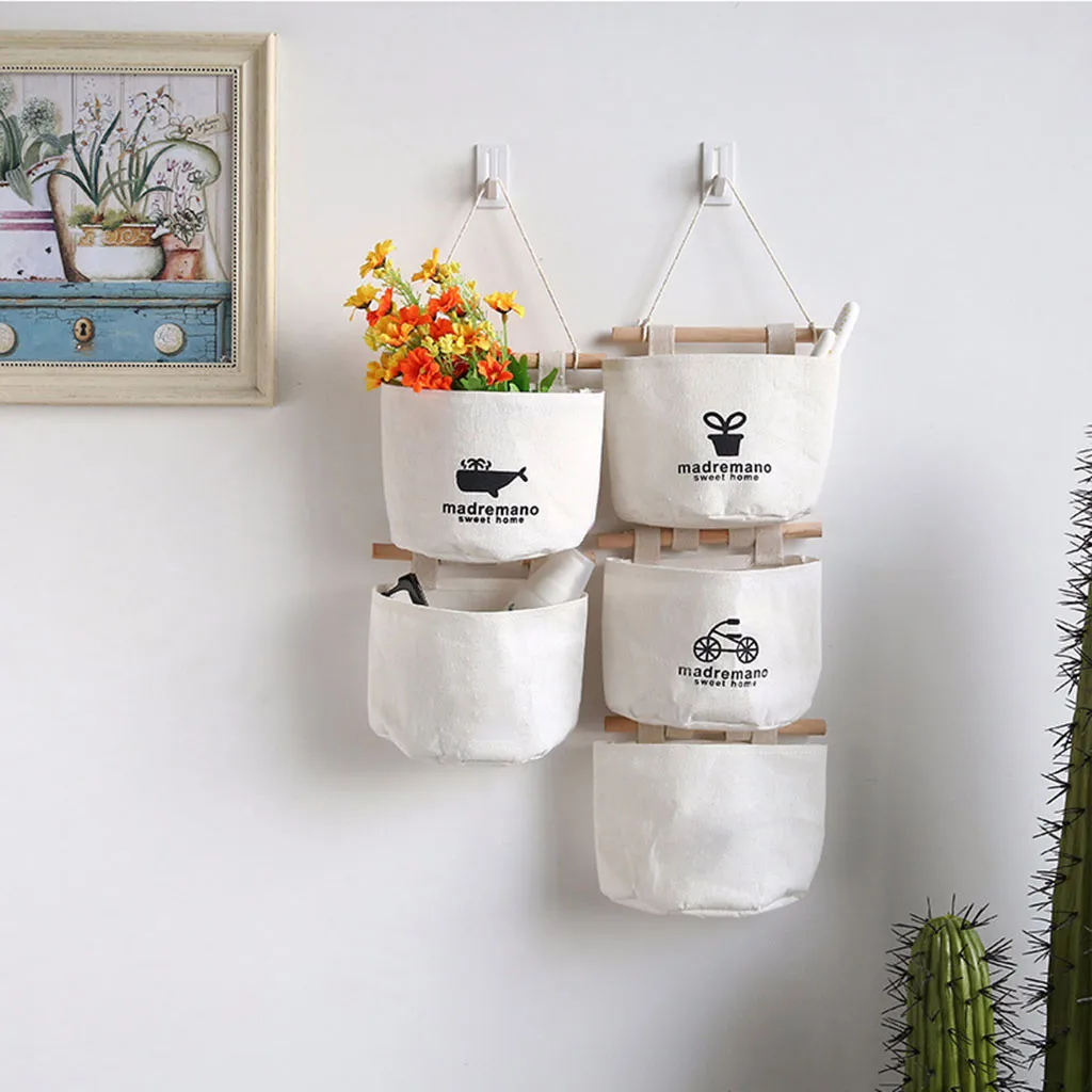 

NEW Pattern Cotton Linen Hanging Storage Bag 3 Pockets Wall Mounted Wardrobe Hang Bag Wall Pouch Cosmetic Toys Organizer 2019