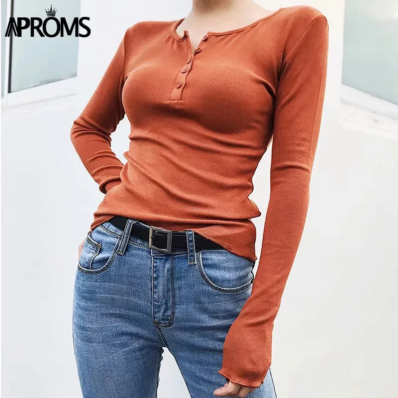 Aproms корейская мода длинный рукав ребристая трикотажная футболка Женская Осенняя уличная одежда базовый Тонкий Топ женский пуговицы конфетных цветов футболка