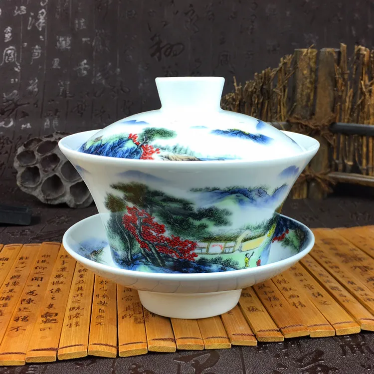 Высокая емкость китайский ручной росписью чайный набор элегантный Gaiwan 300 мл керамические пиалы для чая крышка соусница для тарелки глазурь кунг-фу чайная чашка