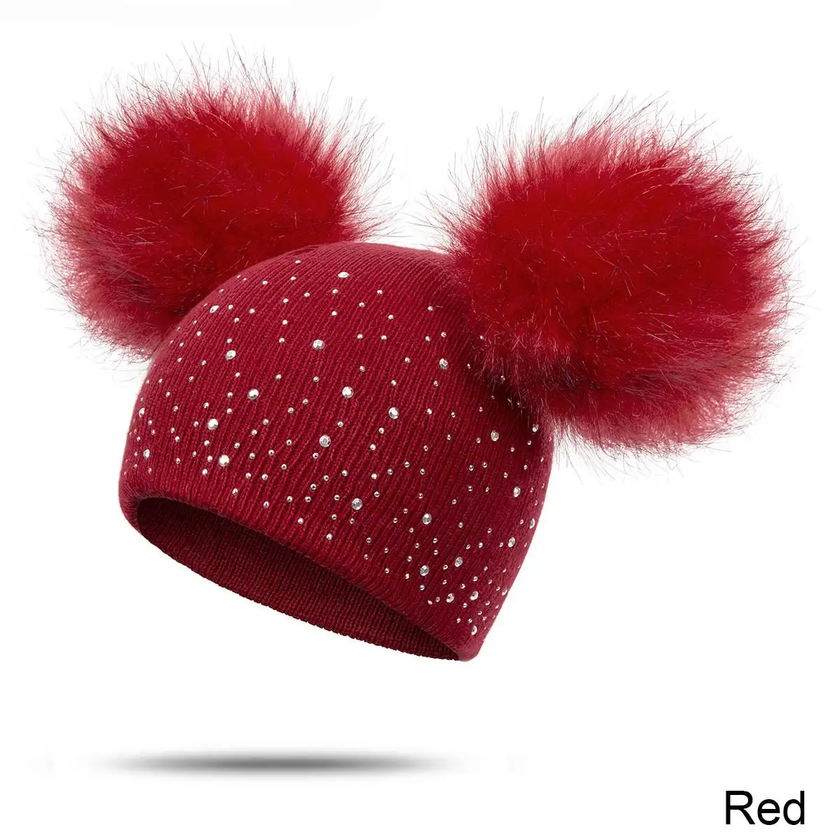 Evrfelan/милые детские шапки из 2 меховых шариков, вязаные зимние шапки, шапочки для девочек и мальчиков с помпонами из страз, зимняя утепленная шапка - Color: red