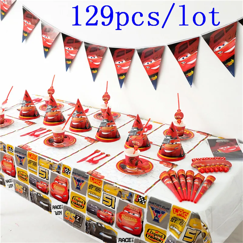 Высококачественные Disney Cars 129 шт./лот чашка + тарелка салфетка рожки баннер детский