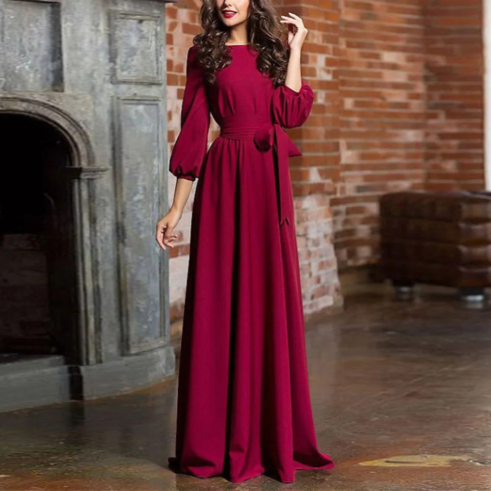 

Women Round Collar Long Sleeve Solid Color Long Belt Slim Waist Loose Casual Dress