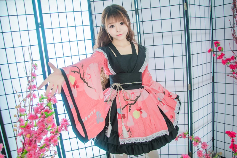 Шанхай история хлопок цветок печати кружевной край кимоно юката платье горничной аниме комплекты для Лолиты Meidofuku униформа наряд