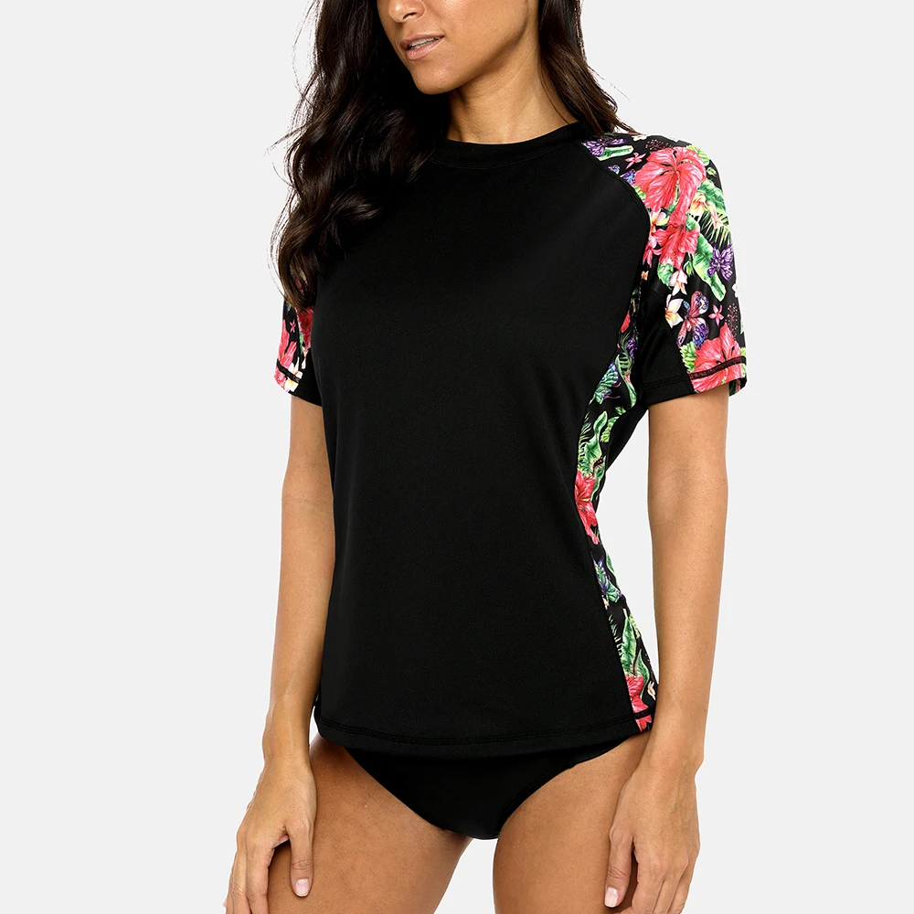 Rash Guard Anfilia Women Short Sleeve Quick-drying Shirt Retro Print Rashguard Top Running Shirts UPF50+ Hiking Shirts