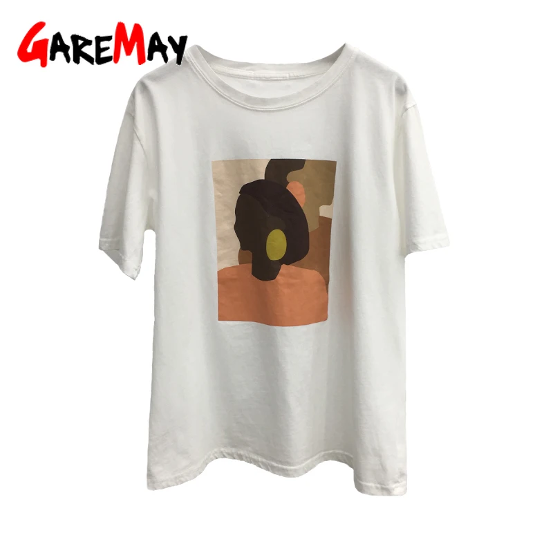 GareMay, женская футболка, летняя, новая, дикая, свободная, тонкая, круглый вырез, лицо, картина маслом, для девушек, белая, с коротким рукавом, рубашка, хлопок, ins