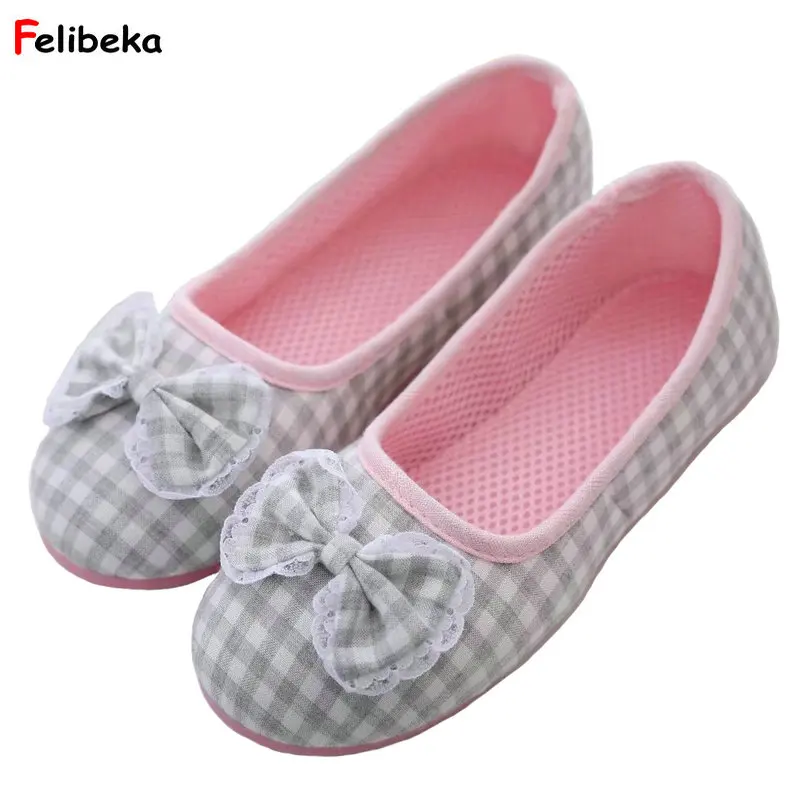 FELIBEKE/хлопковые тапочки с бантом в клетку; домашняя обувь для женщин; домашняя обувь для спальни; Lili; цвет розовый, серый