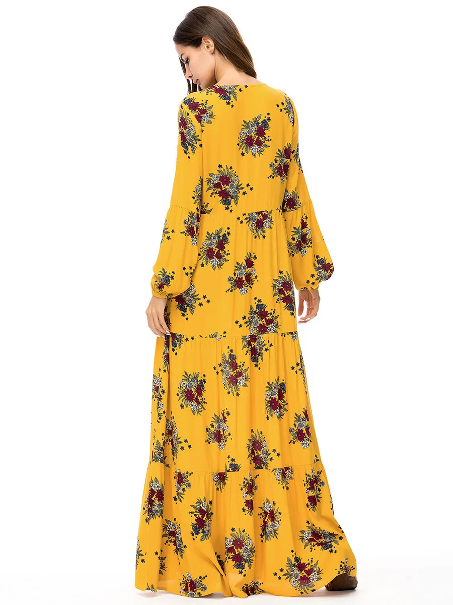 Повседневное Платье макси с цветочным принтом Абаи плюс Размеры кимоно Винтаж длинный халат платья Богемия Свинг Рамадан мусульманское