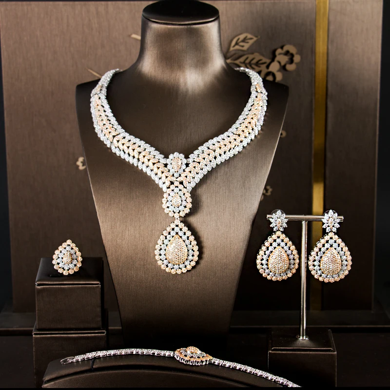 LAN дворца joyeria de acero неоспоримые женские новые роскошные золотые и серебряные цвета кубического циркония ювелирные наборы из четырех частей