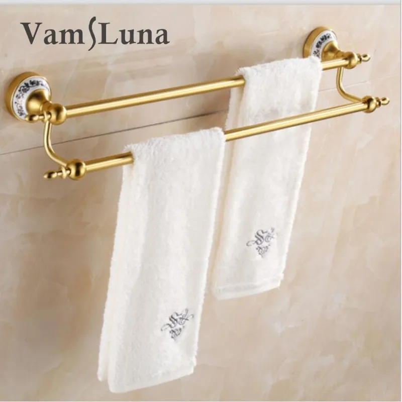 Luxury Double bars Golden Towel Rod Shelf with Ceramic Decoration Bath