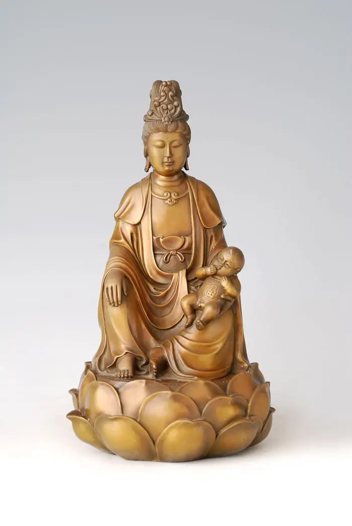 

ATLIE BRONZES Copper Buddha statue Bronze KWAN-YIN Avaloktesvara sending a child The Goddess Of Mercy Religious Buddha