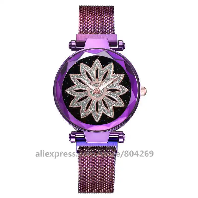 Модные женские наручные часы, розовое золото, корпус, Цветок, горный хрусталь, сплав, кварцевые часы без логотипа 9078 - Цвет: purple