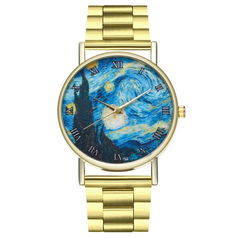 

1Pcs Starry Night Art Van Gogh Quartz Women's Student Belt Watch Stainless Steel Watchband Waterproof Business Trend 2019NEW Hot