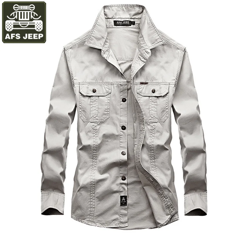 Günstige AFS JEEP Marke Shirt Men Casual Shirts 100% Baumwolle Lange ärmeln Hemd Army Military Camisa Masculina Größe 6XL Feste Männer hemd