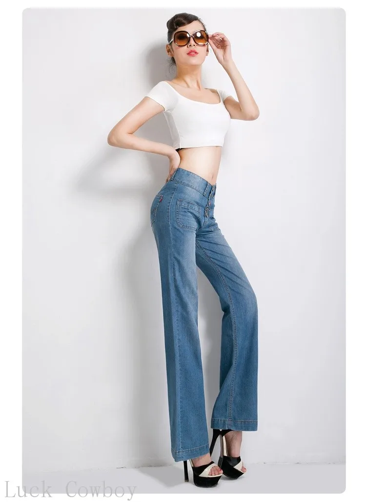 Акция, женские однобортные джинсы с высокой талией, Женские Широкие джинсовые брюки, расклешенные модные брюки для девочек