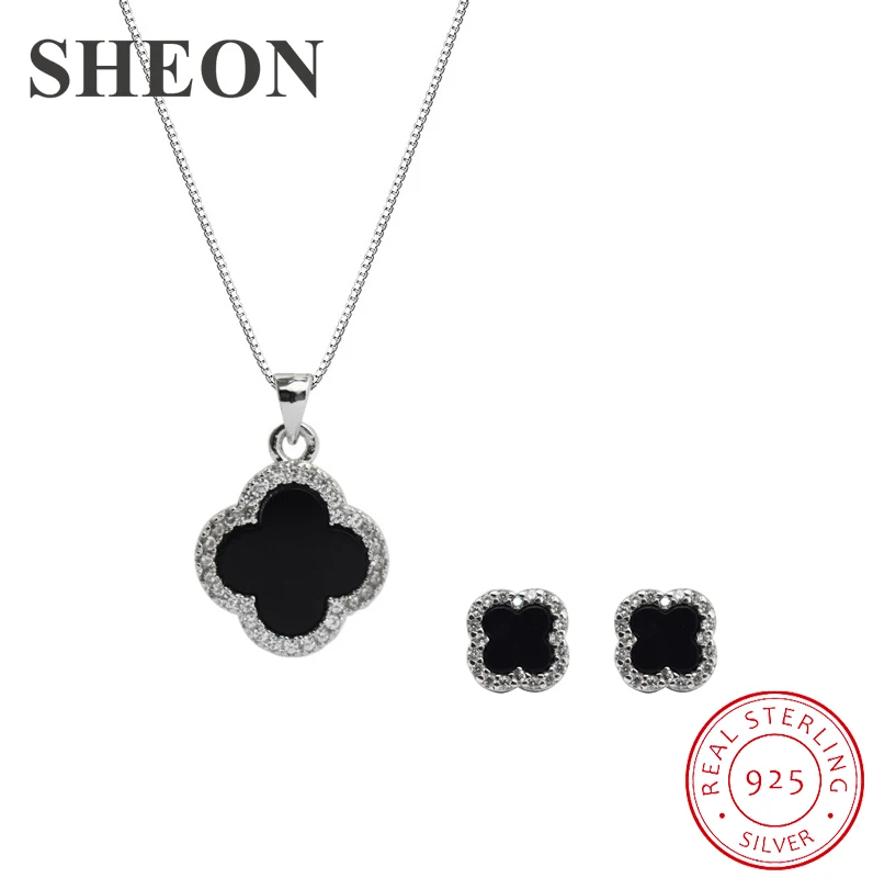 

SHEON 925 Sterling Silver Black Red Clover Jewelry Set Pendant Necklace & Earrings Women Wedding Sterling Silver Jewelry Sets