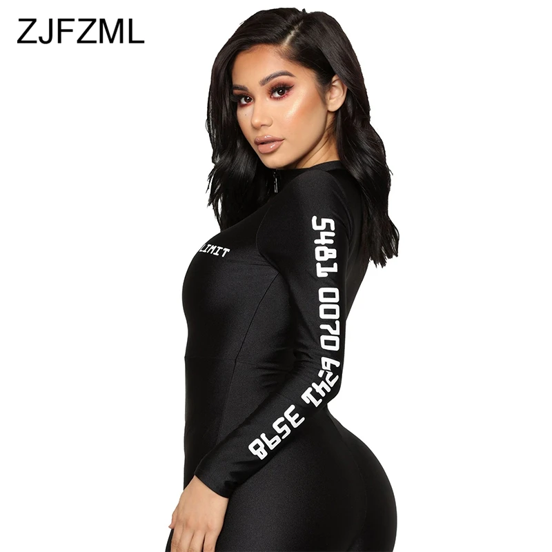 Black Letter Print Sexy Bandage Overall For Women Front Zipper Long Sleeve Party Romper  Casual Biker Skinny One Piece Jumpsuit